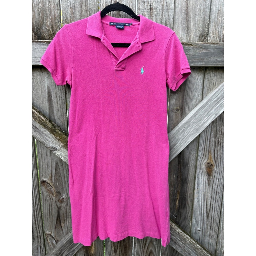 VTG Ralph Lauren Sport Pink Pique Cotton Polo Mini Dress Turquoise Pony Small